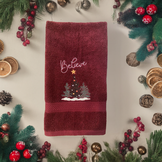 Christmas Hand Towel - Christmas-holiday Towels. Holiday Bathroom towels. BELIEVE Embroidered Hand Towel