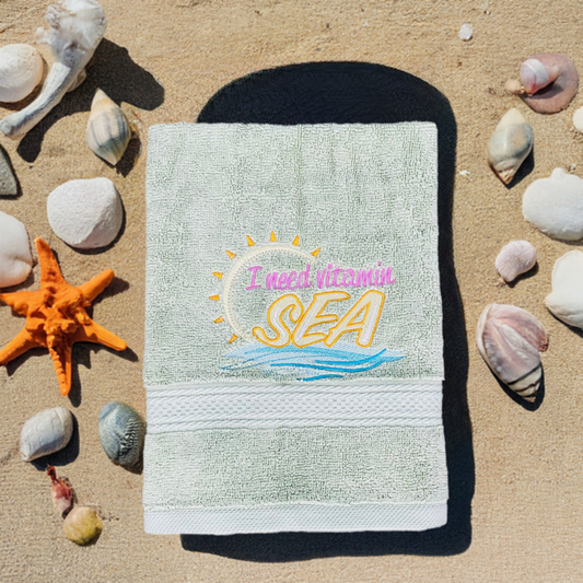 Beach Design Embroidered  White or Color hand Towel I Need Vitamin Sea. Towels. Hand towels. Coastal