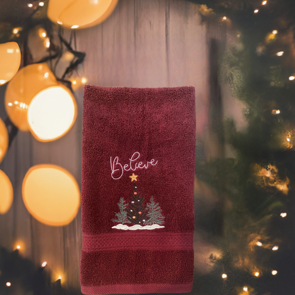 Christmas Hand Towel - Christmas-holiday Towels. Holiday Bathroom towels. BELIEVE Embroidered Hand Towel