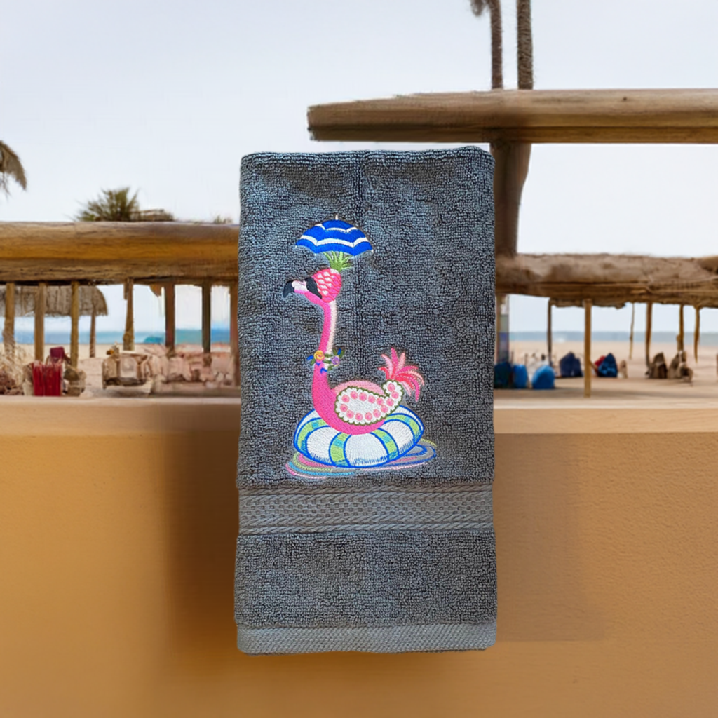 Flamingo Design Embroidered hand Towel. Gift, personalized towels. Summer towels. Summer vibes.