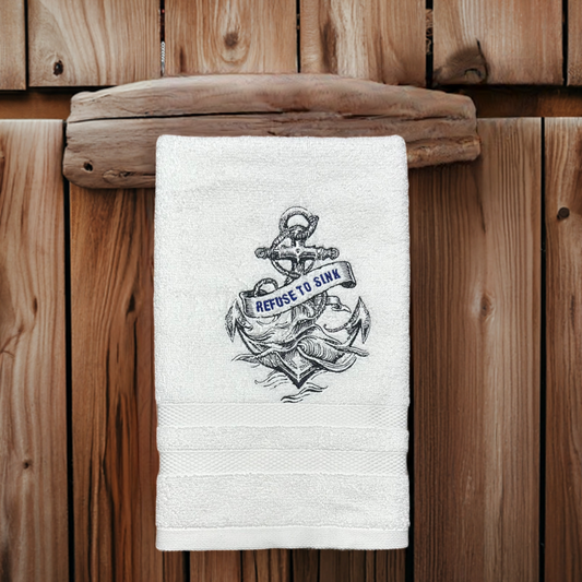Nautical Design Embroidered White Hand Towel. Vintage nautical. Beach. Refuse to Sink. Anchor. Summer Vibes.
