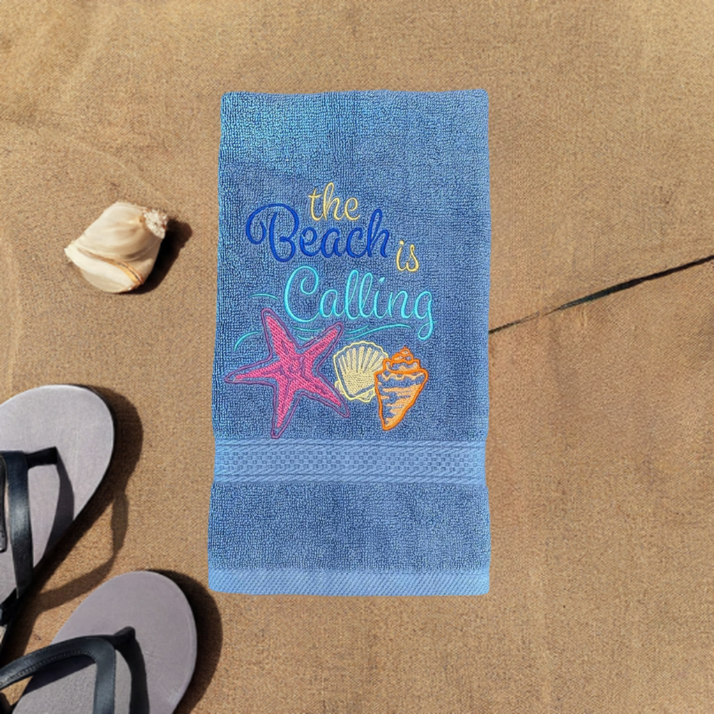 Beach Design Embroidered White Hand Towel. The Beach is Calling. Summer Vibes. Beach Them. Seashells.