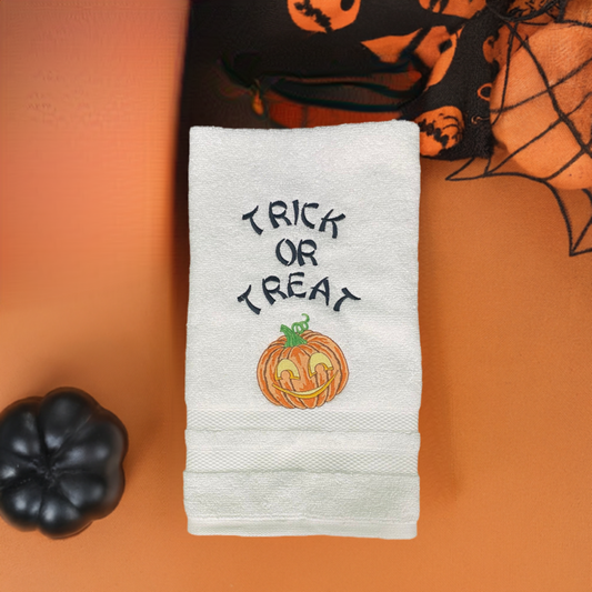 Halloween Design Embroidered  White or Color hand Towel Black Trick or Treat. Jack-O-Lantern Spooky, gift, home decor.