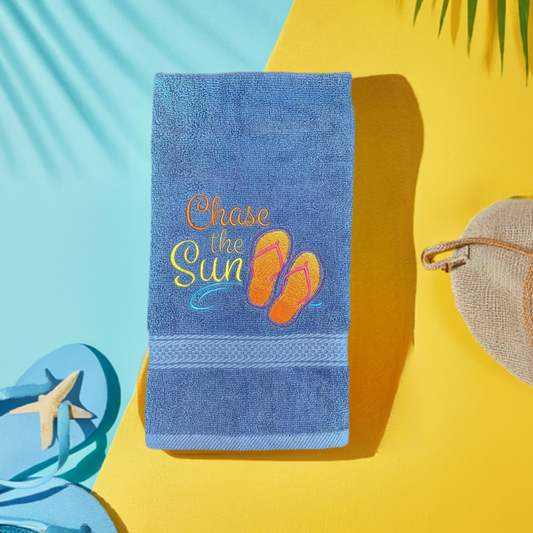 Beach Design Embroidered White Hand Towel. Chase the Sun. Beach Theme. Summer Vibes. Sun & Sand
