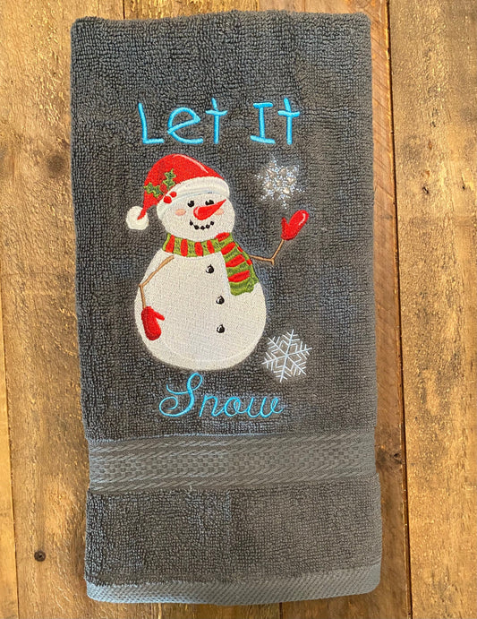 Christmas hand Towel. Let it snow hand towel, snowman towel, snowflakes towel. Embroidered hand towel