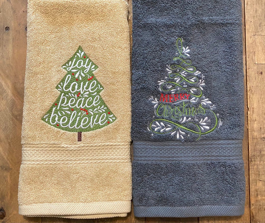 Christmas Hand Towel - Christmas-holiday Towels. Holiday Bathroom towels.Joy, Love, Peace, Believe Christmas Tree Embroidered Hand Towel