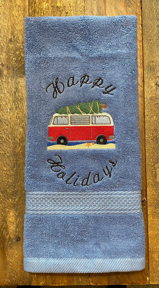 Christmas hand Towel. Christmas Van with Tree hand towel, happy holidays towel, hippie van. Embroidered hand towel
