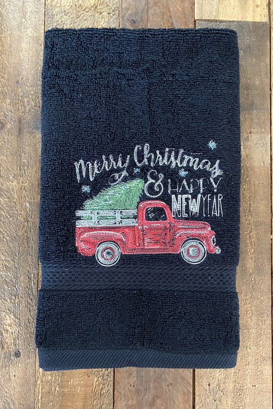 Christmas hand Towel. Christmas Vintage Red Truck with Tree hand towel, Merry Christmas and happy new Year towel,Embroidered hand towel