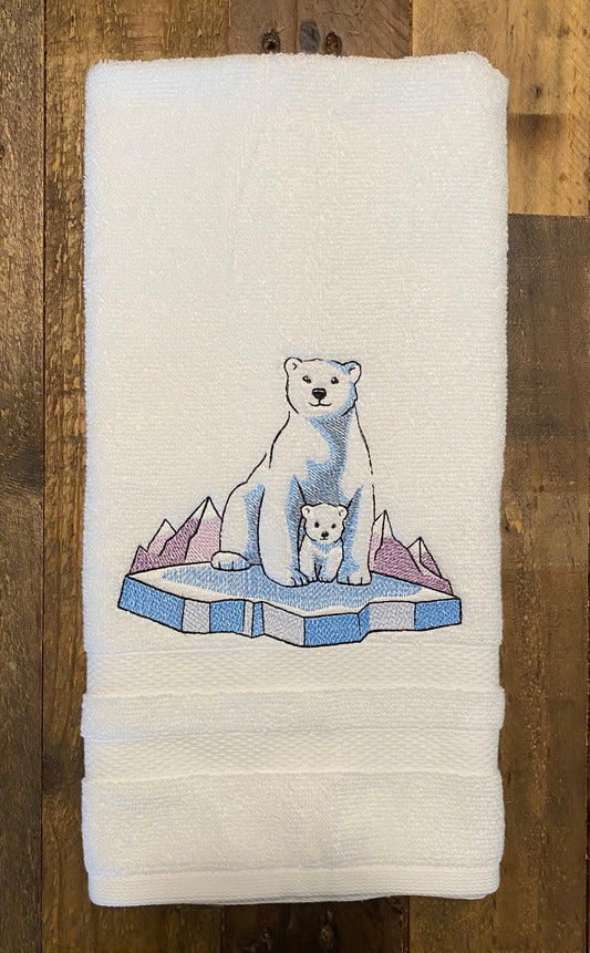 Cozy Arctic Polar Bears Hand Towel - Embroidered hand Towels. Bathroom towels. Embroidered