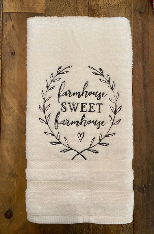 Farmhouse Sweet Farmhouse Embroidered  White hand Towel. Personalized gifts. Bathroom Towel. Farmhouse Decor.