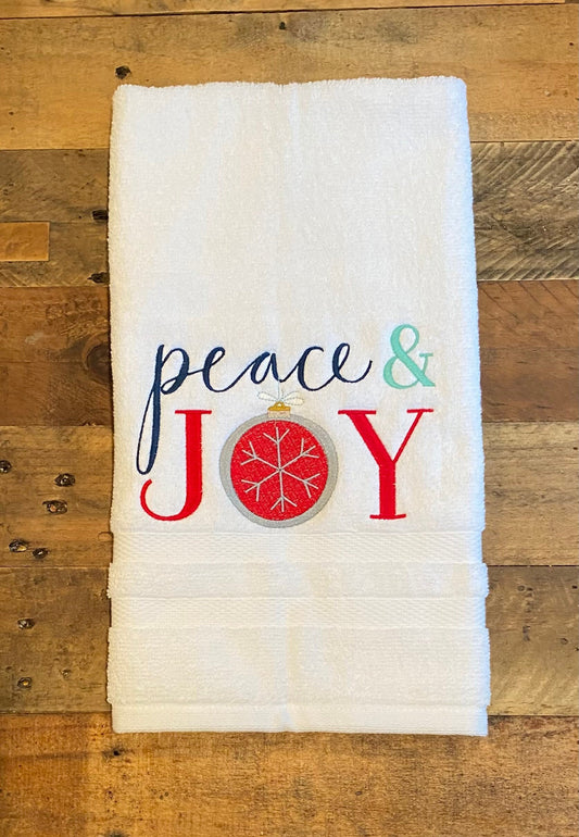 Christmas Hand Towel - Christmas-holiday Towels. Holiday Bathroom towels.Peace & Joy with ornament Embroidered Hand Towel
