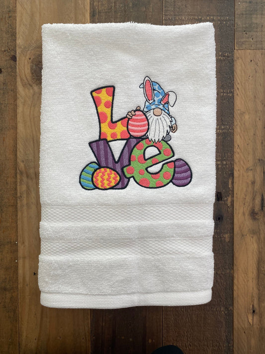 Love - Easter Bunny Gnome Design Embroidered  White hand Towel. Gifts. Bathroom Decor