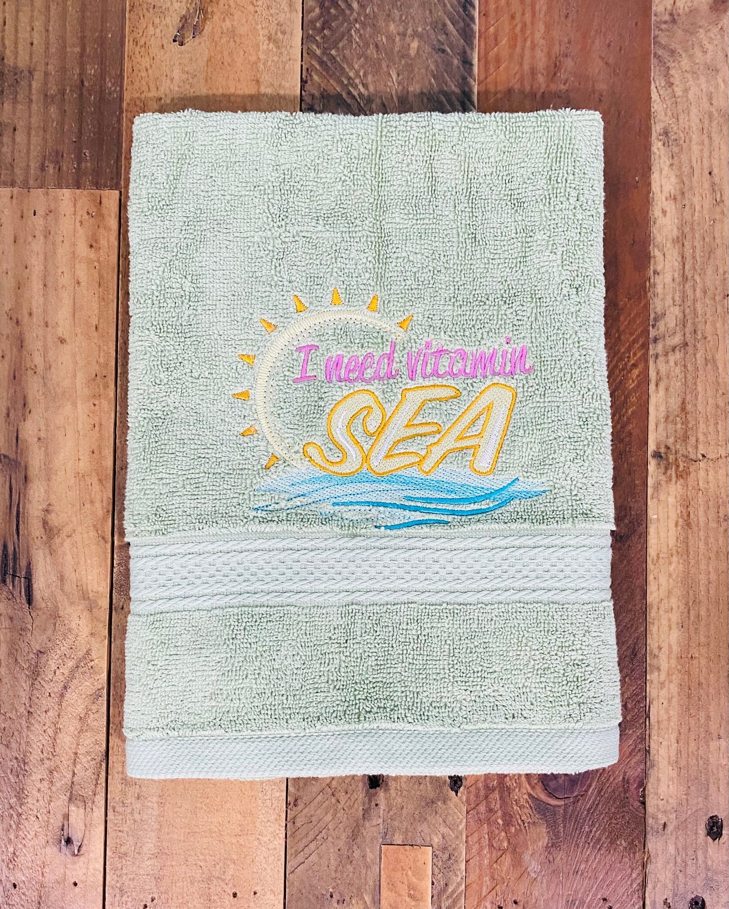Beach Design Embroidered  White or Color hand Towel I Need Vitamin Sea. Towels. Hand towels. Coastal