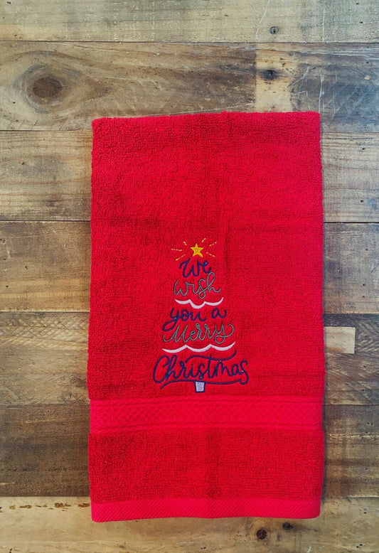 Christmas Hand Towel - Christmas-holiday Towels. Holiday Bathroom towels. We Wish You a Merry Christmas Embroidered Hand Towel