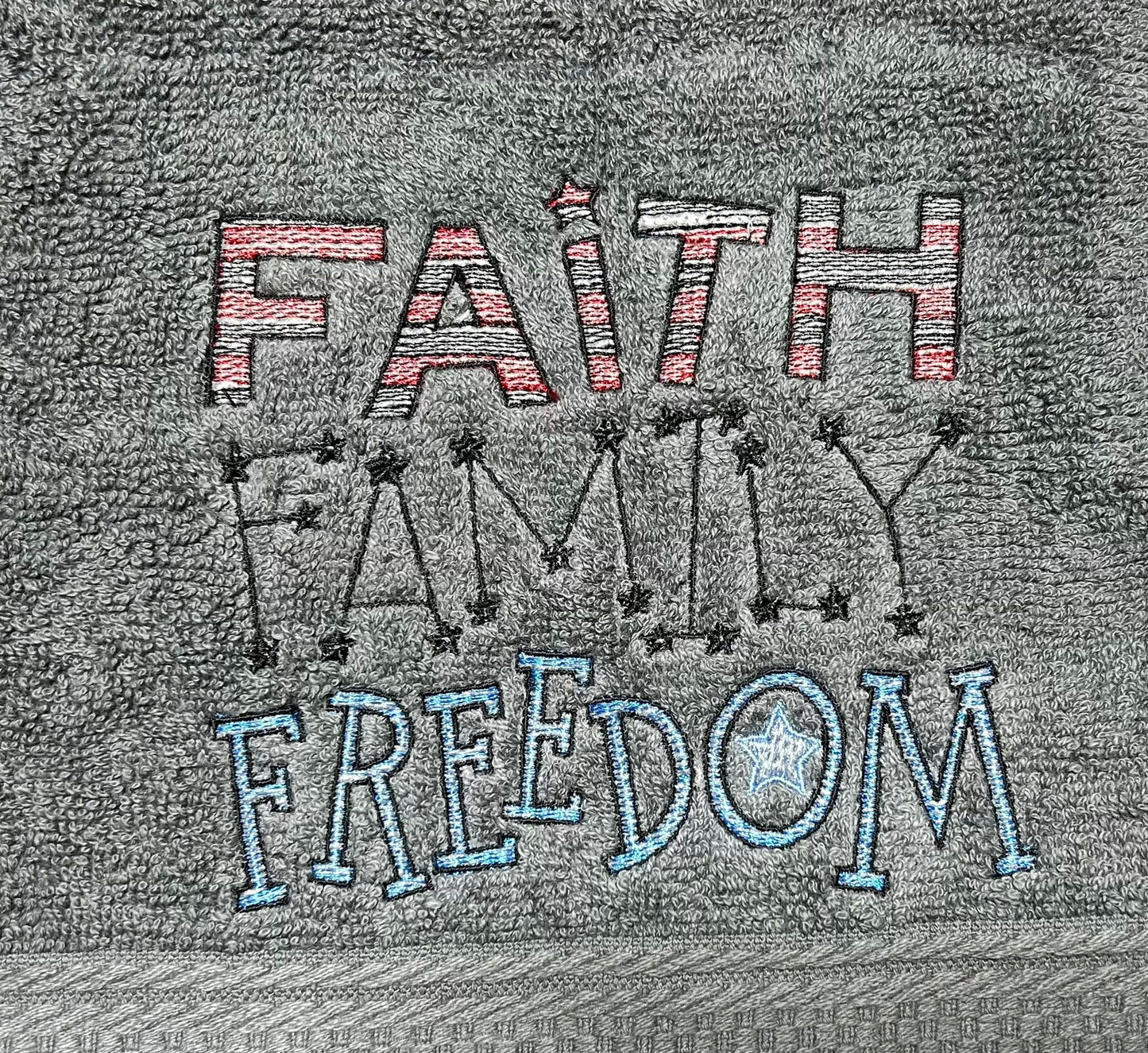 4th of July Embroidered White Hand Towel. Faith Family Freedom. Summer Vibes. Celebration. Memorial. independence. USA.