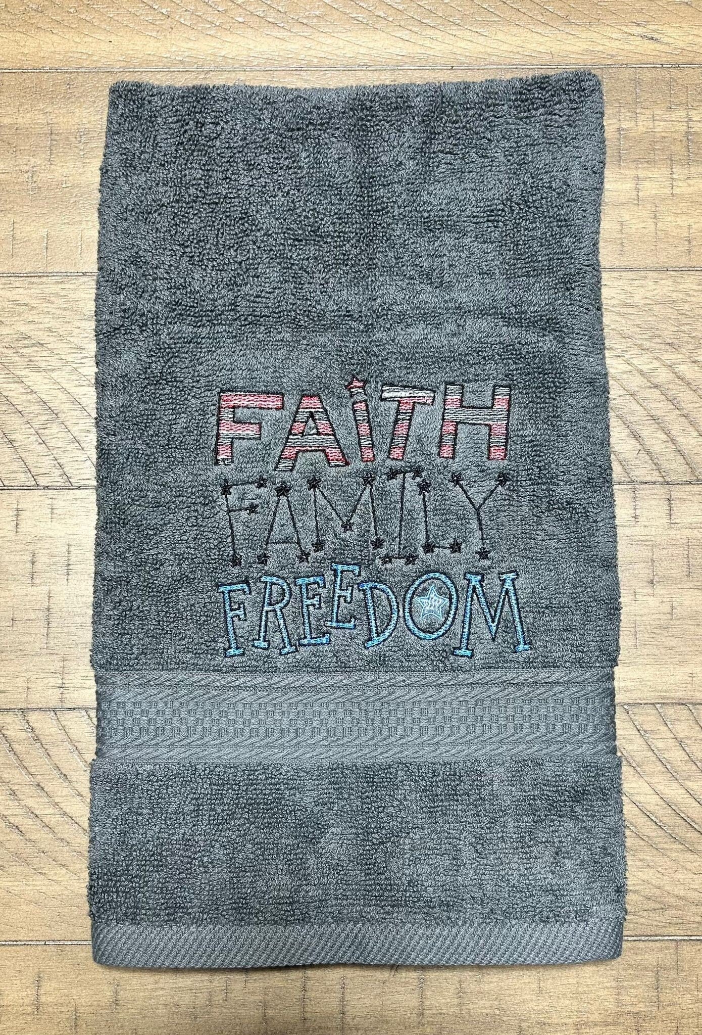 4th of July Embroidered White Hand Towel. Faith Family Freedom. Summer Vibes. Celebration. Memorial. independence. USA.