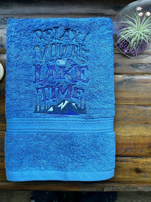 Lake Design Embroidered White Hand Towel. Relax you are on Lake Time. Summer Vibes. Lake Theme. Splash. Mountains